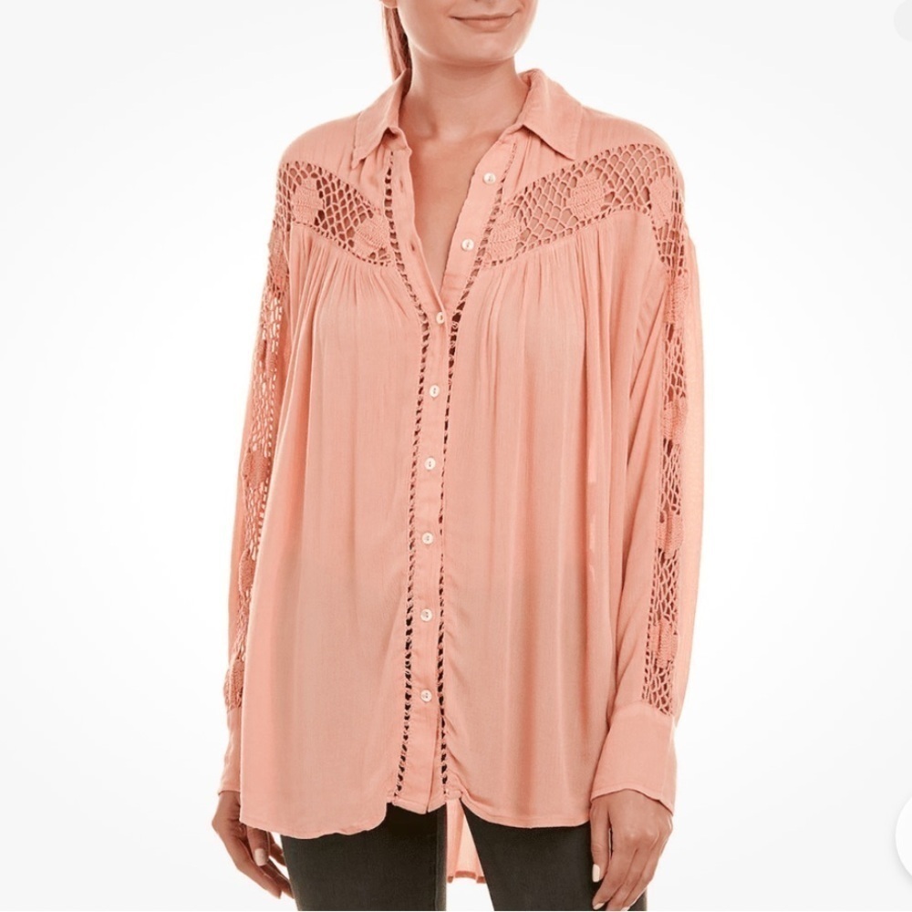 FREE PEOPLE ANTHRO Katie Bird crochet oversized woman button pink boho blouse S